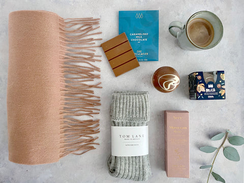 Its Cold Outside in Blush Pink scarf and socks handcream chocolate