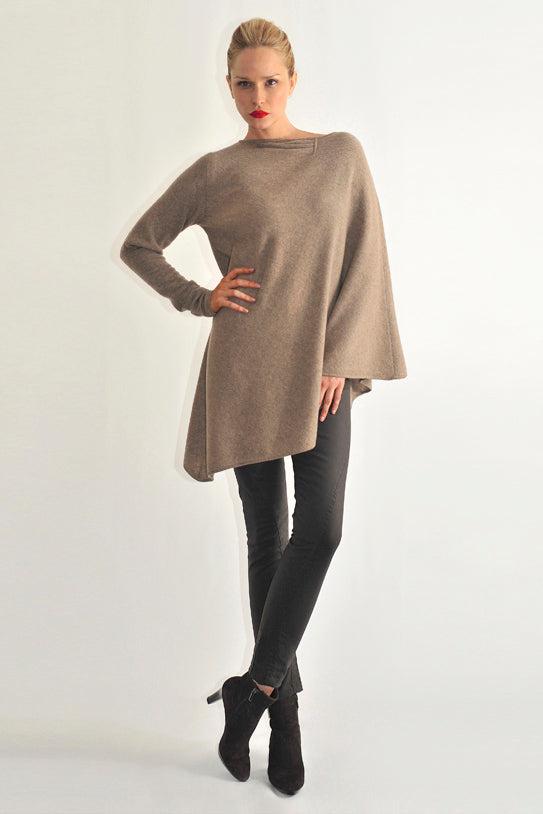 One sleeve cashmere poncho sweater dark beige natural