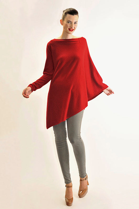 One sleeve cashmere poncho sweater red