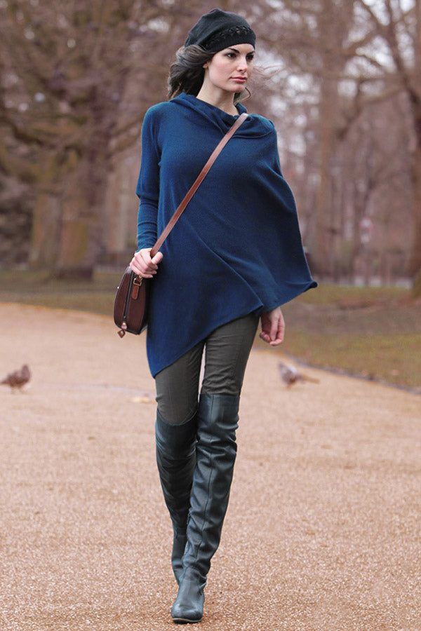 One sleeve cashmere poncho sweater in mid blue