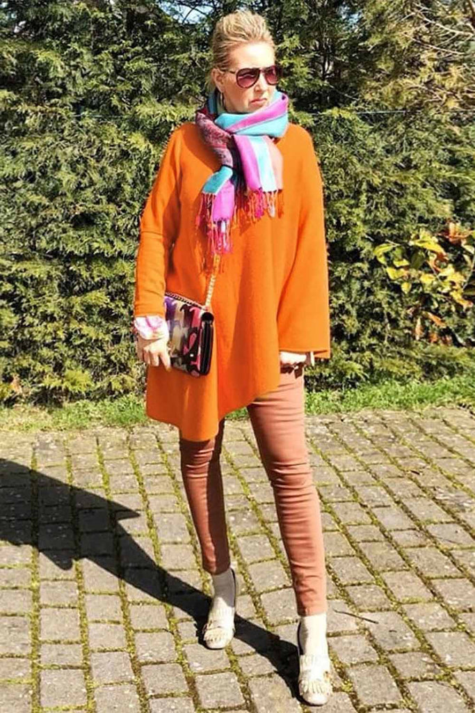 One sleeve cashmere poncho sweater orange