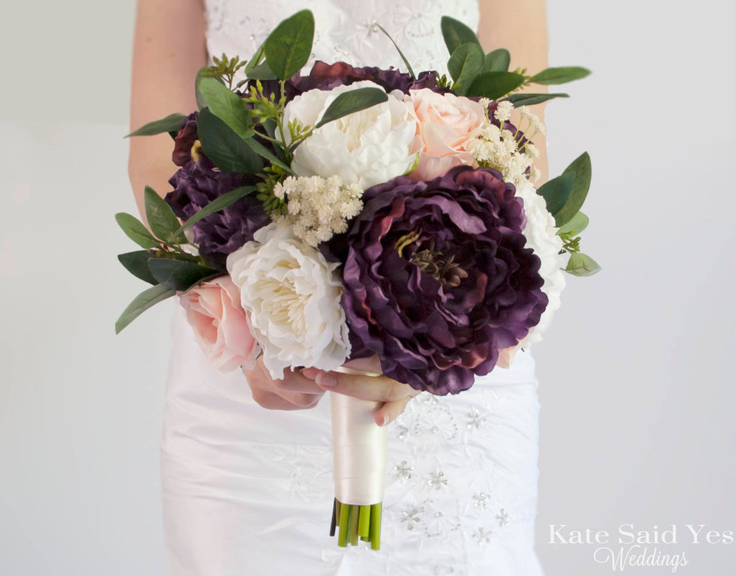 Rustic Plum Blush And Ivory Peony Bouquet Silk Wedding Bouquet