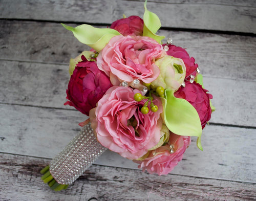 Fuchsia and Lime Peony Ranunculus and Calla Lily Wedding Bouquet with Rhinestone Accents