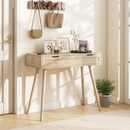 Rattan Console Table with Pull-out Drawer Boho Style Entryway Table-Natural