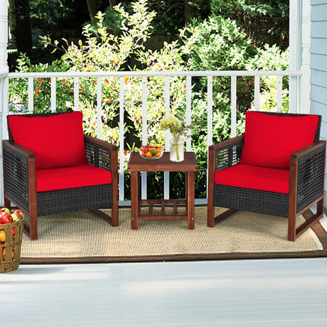 3 Pieces Patio Wicker Furniture Set with 2-Tier Side Table and Cushioned Armchairs-Natural