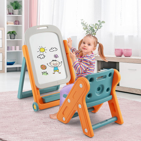 Costway 2 In 1 Kids Easel Desk Chair Set Book Rack Adjustable Art Painting  Board Gray : Target