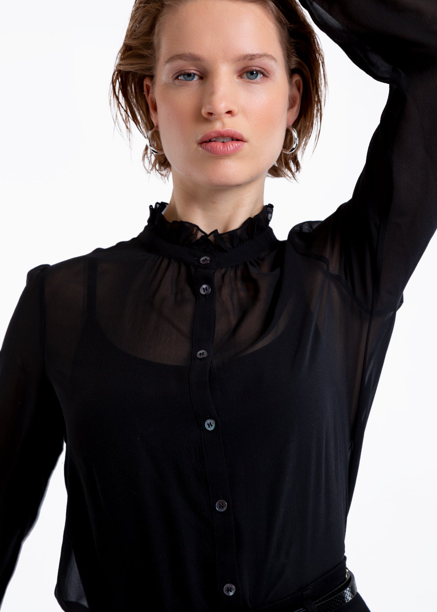 Beste Zwart Transparante blouse met ruches | Bestel bij Vanilia.com HX-66
