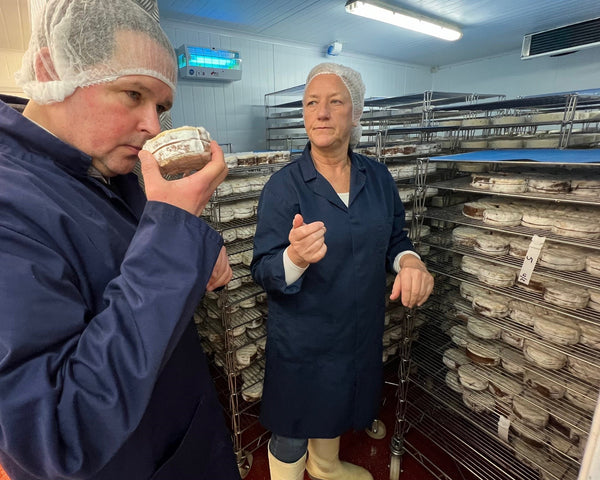 Smelling the Tunworth cheese at the factory
