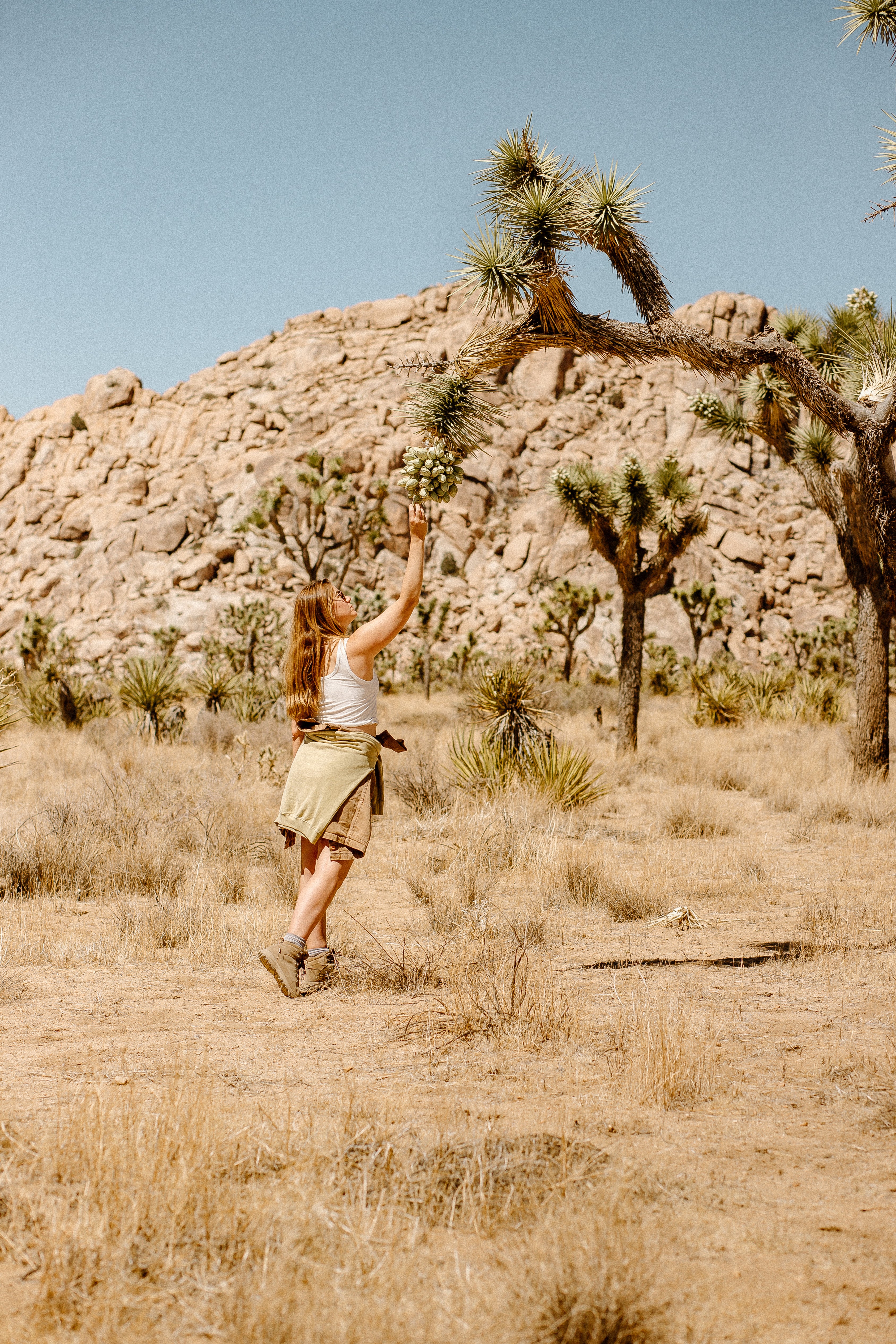 Woman wearing Jungmaven sustainable clothing examines fruit in Joshua Tree National Park