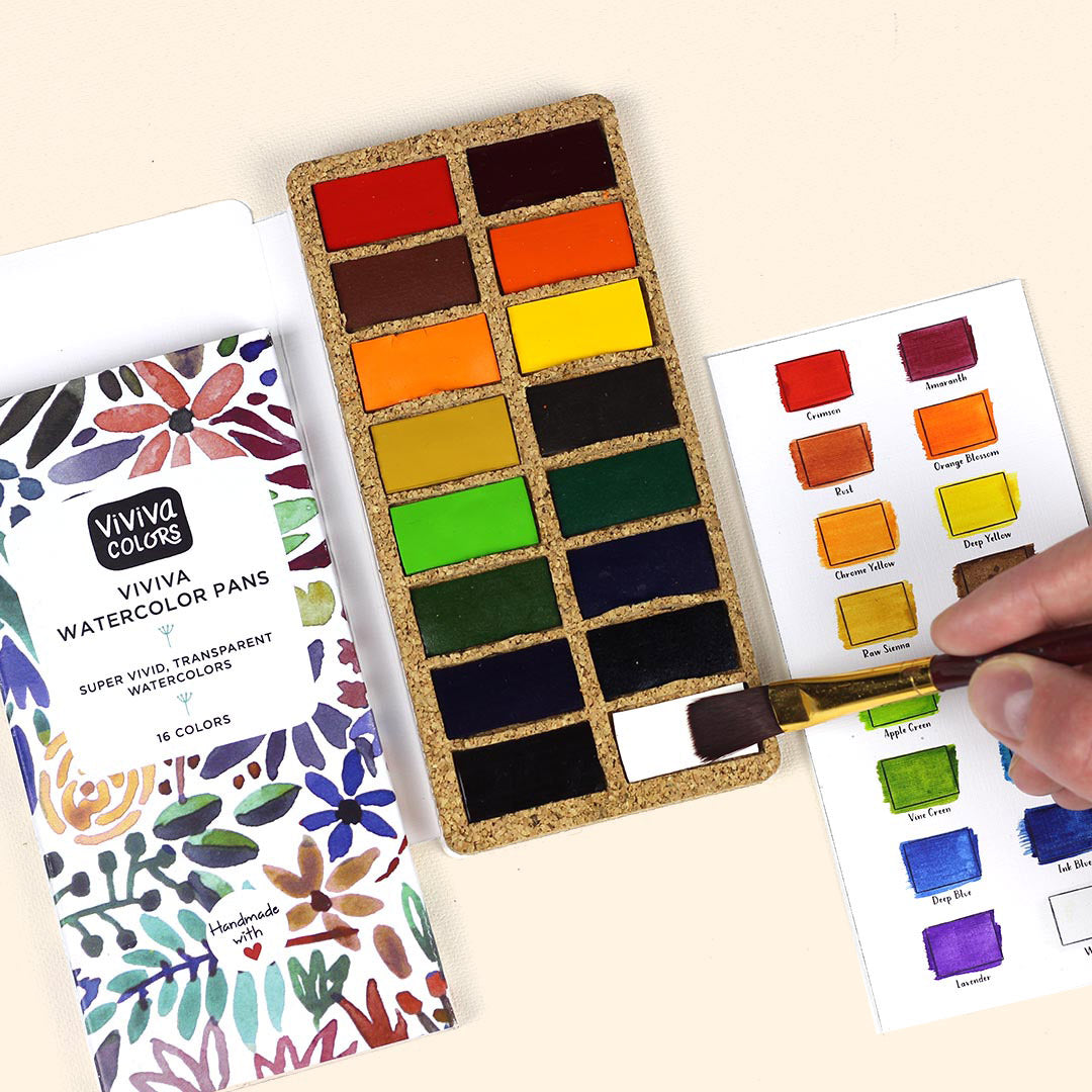Viviva Watercolor Pans are skillfully handcrafted with a natural cork base and the most premium pigments to give you a rich & organic feel with painting. This watercolor set comes with 16 Vibrant & Long lasting colors that are lightfast! 