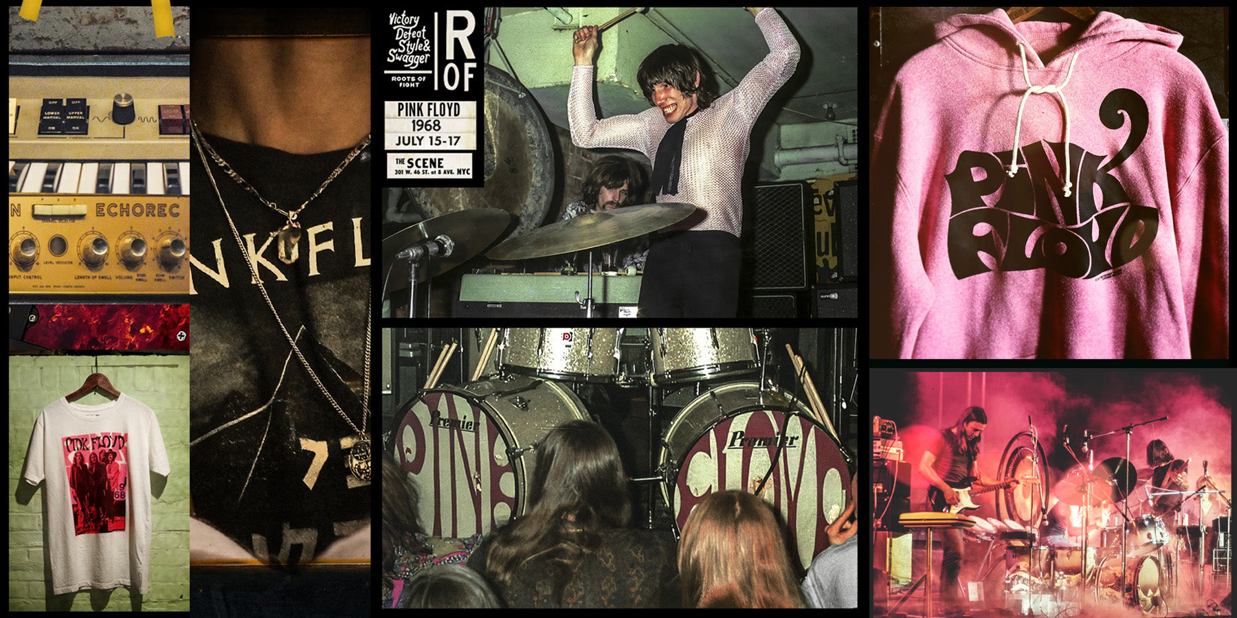 Collage of musical equipment, memorabilia, and a band performing live, related to Pink Floyd.