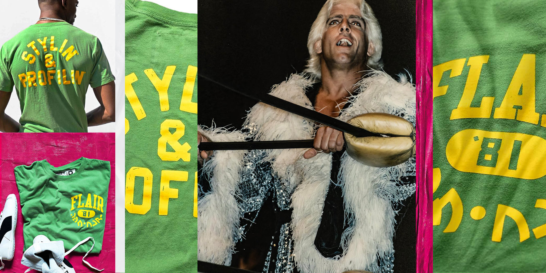 Collage of wrestling-themed clothing and a wrestler posing with a prop.