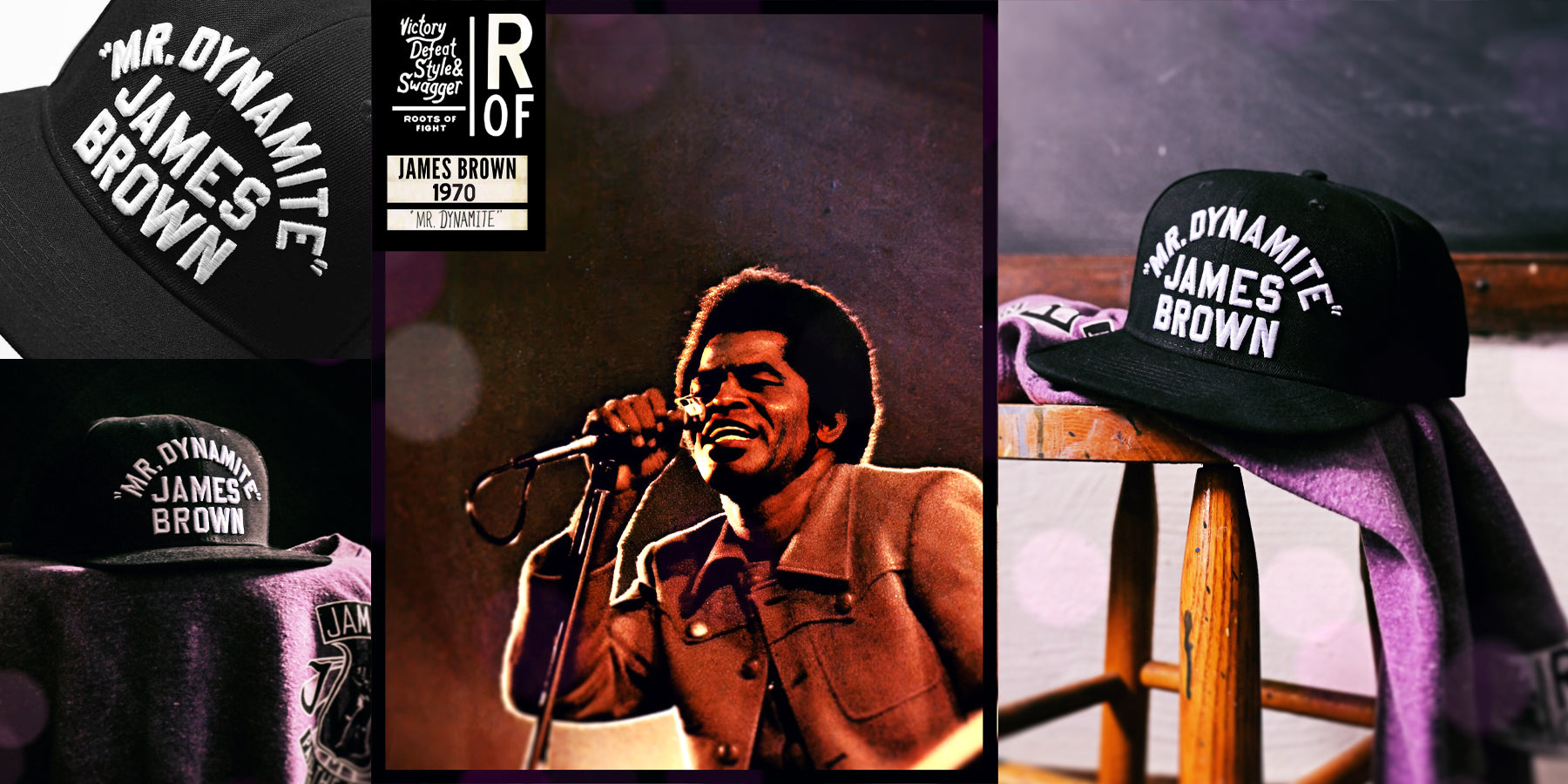 Montage of James Brown memorabilia and a performance photo, themed purple and black.