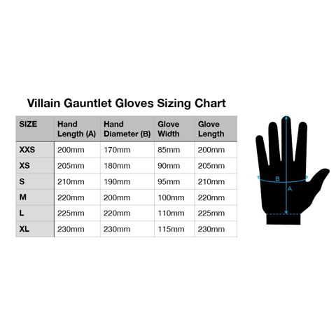 Villain Gauntlet Gloves Size Chart