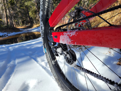 close-up of Veer Fully Tensioner covered in snow on an ebike