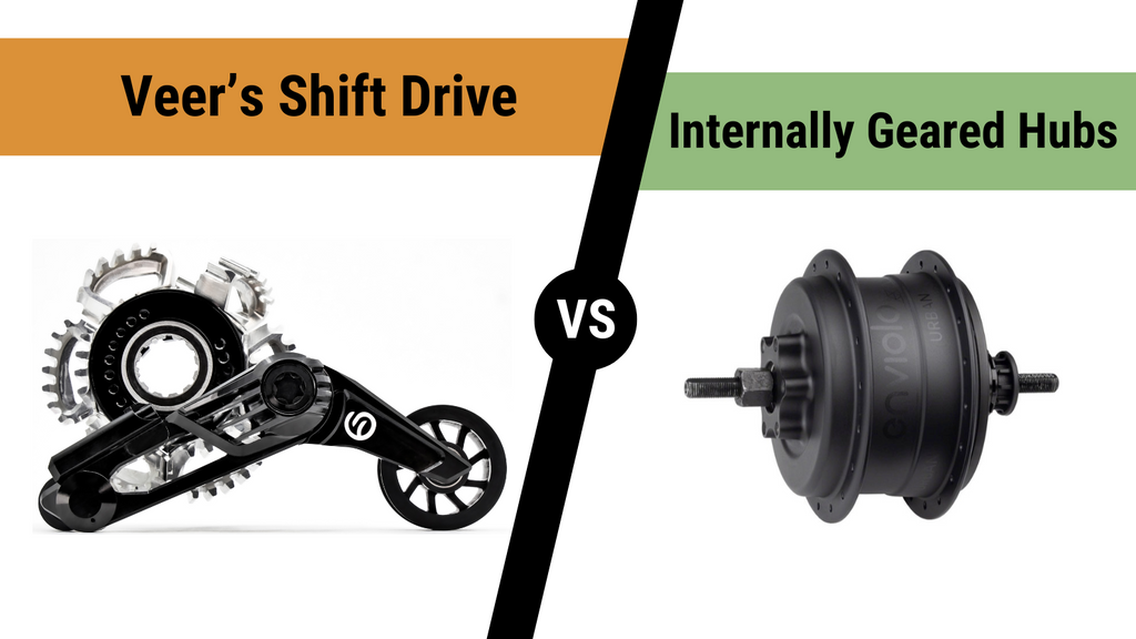 Veer's Shift Drive system next to Enviolo internally geared hub system with VS. between them