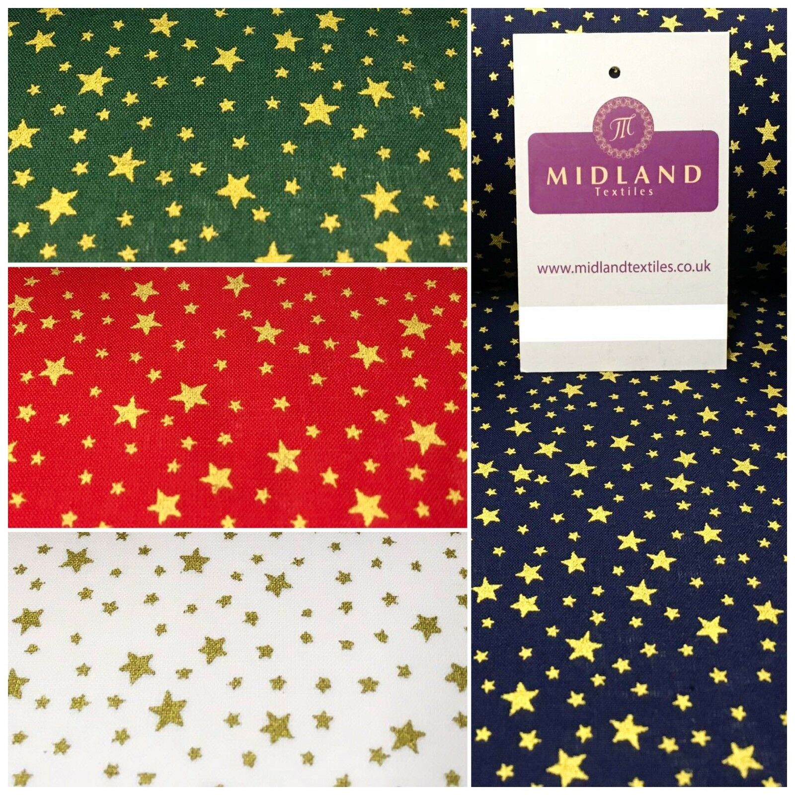 Christmas Star Festive Gold Foil Printed 100% Cotton Fabric 58" Wide MH978 Mtex