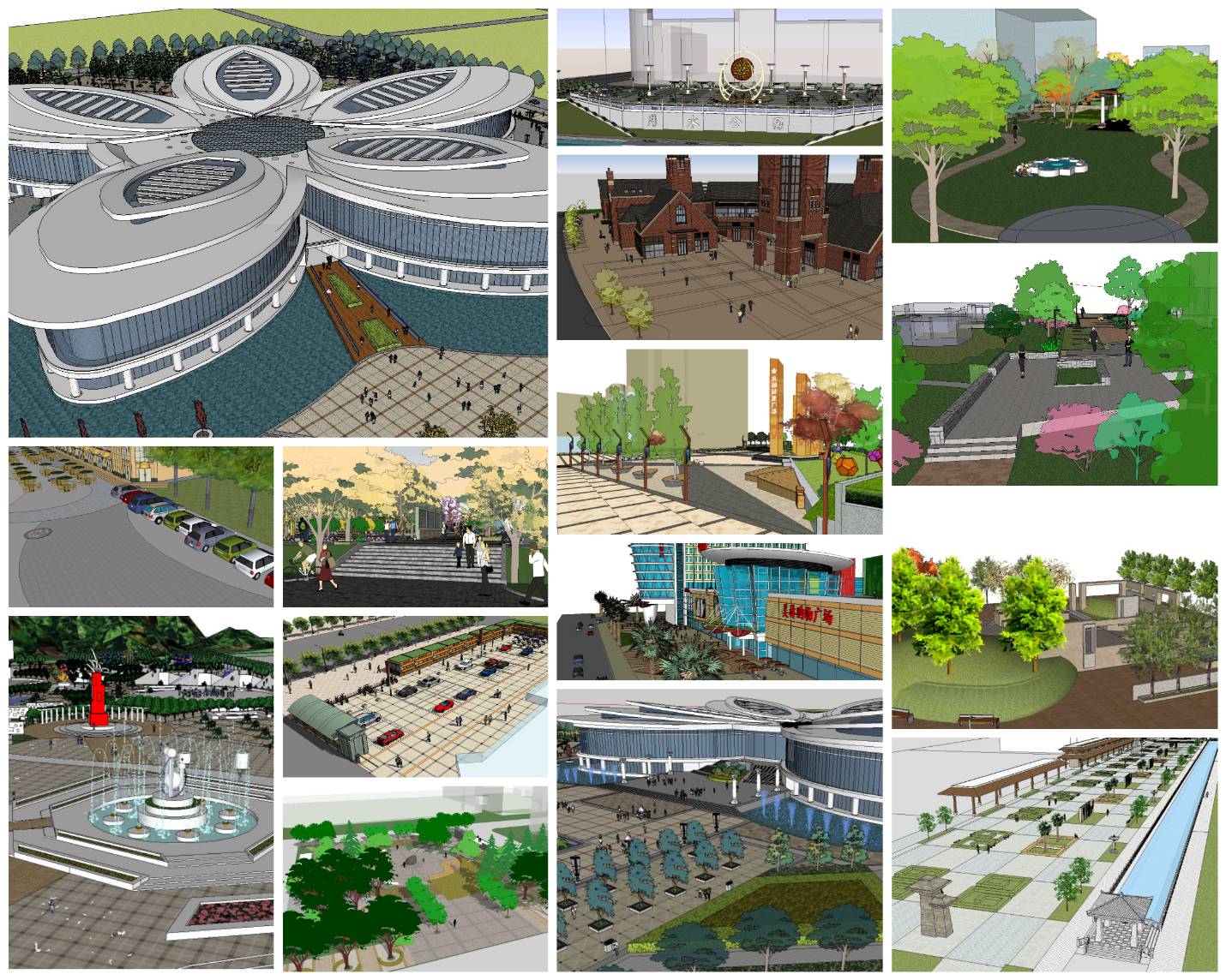 💎【Sketchup Architecture 3D Projects】15 Types of Plaza Landscape Sketchup Model V1