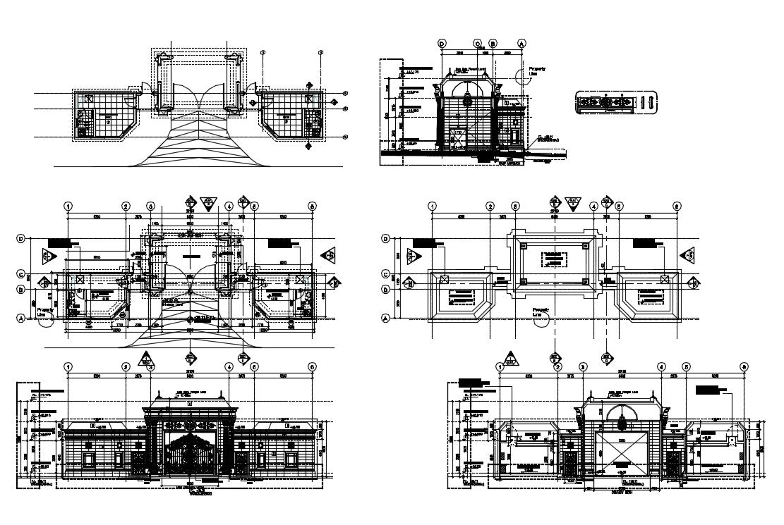 Main Gate Structure detail. FLOORING LAYOUT PLAN, INSIDE (REAR) ELEVATION, SECTION A-A, RIGHT SIDE ELEVATION, LEFT SIDE ELEVATION, ROOF PLAN, etc