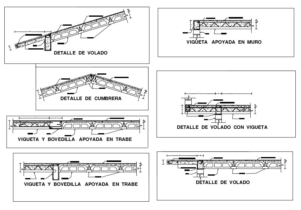 Structure Celling Roof Detail Design. Beam & Vault Supported By Trabe, Detail of Flying, Detail of Flow Joints, Joint Supported By Wall, Detail double joist. Structure Celling Roof Download file.