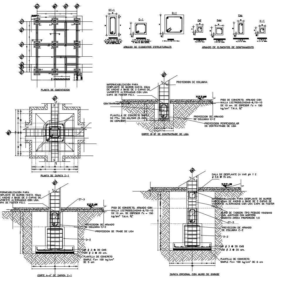 Structure detail in concrete slab & Footing & Waterproofing for walls up to 40cm width based on 2 layers of alternating with a layer of fester felt. Optional shoe with fence wall, Specification of slab reinforcement etc