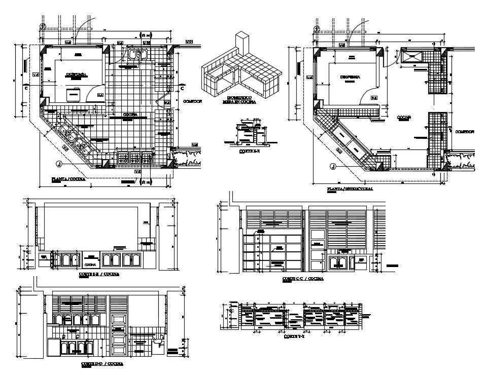 Kitchen detail and design for school cad files include this drawing floor plan, sections, elevations and elevations of kitchen design.