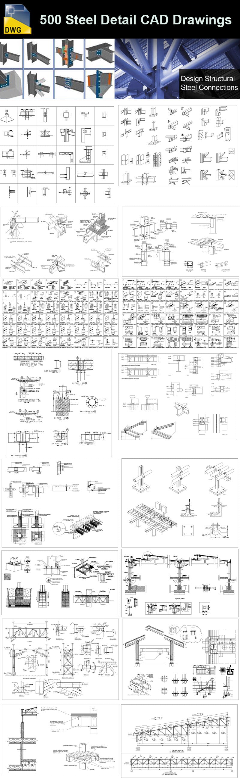 Over 500+ various type of Steel Structure Details CAD Drawings