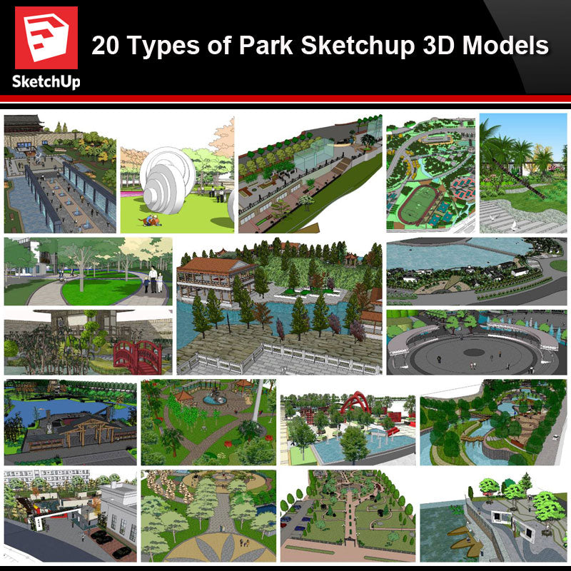💎【Sketchup Architecture 3D Projects】20 Types of Park Landscape Sketchup Model V2