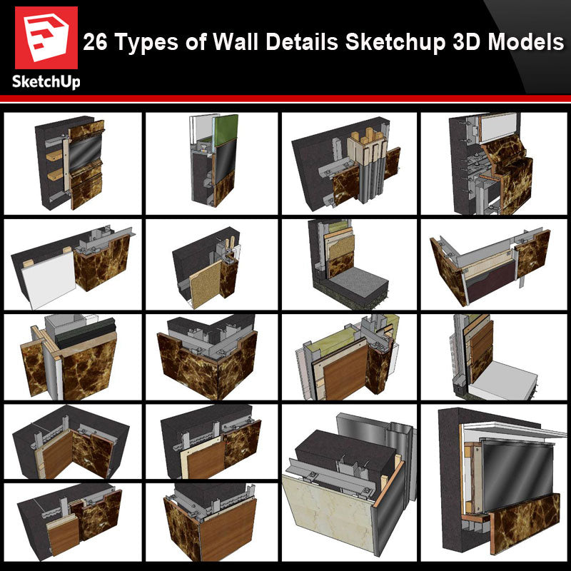 💎【Best 26 Types Wall Details Sketchup 3D Detail Models】Sketchup Wall Details