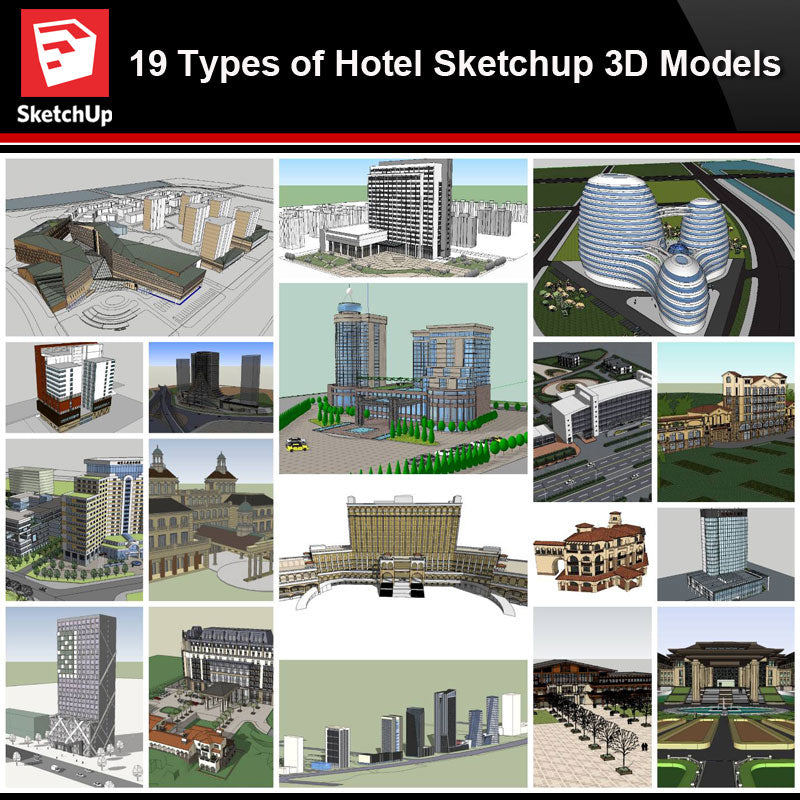 💎【Sketchup Architecture 3D Projects】19 Types of Hotel Sketchup 3D Models