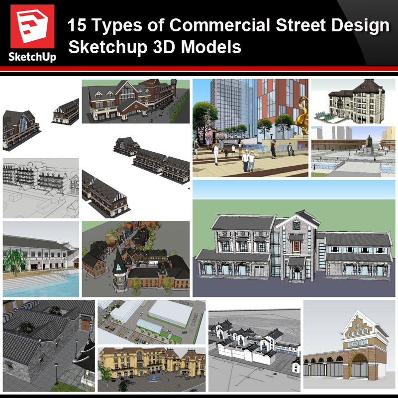 💎【Sketchup Architecture 3D Projects】15 Types of Commercial Street Design Sketchup Model V3