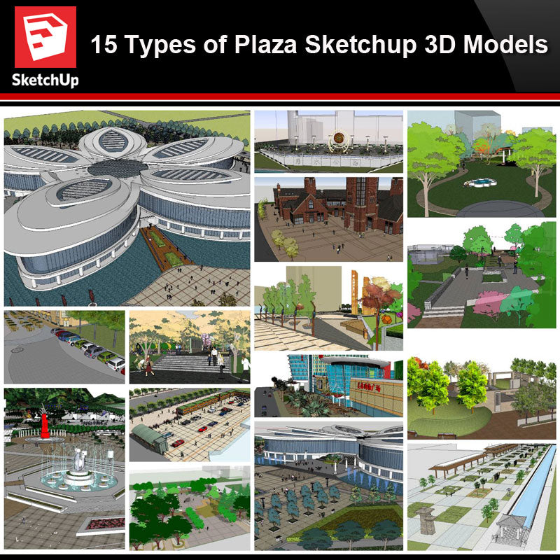 💎【Sketchup Architecture 3D Projects】15 Types of Plaza Landscape Sketchup Model V1