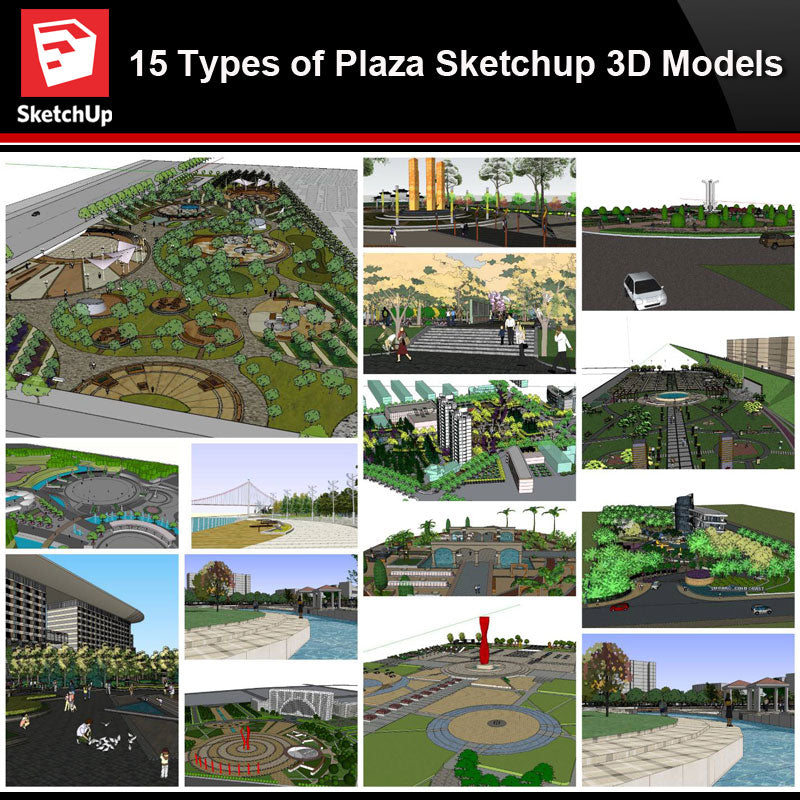 💎【Sketchup Architecture 3D Projects】15 Types of Plaza Landscape Sketchup Model V2