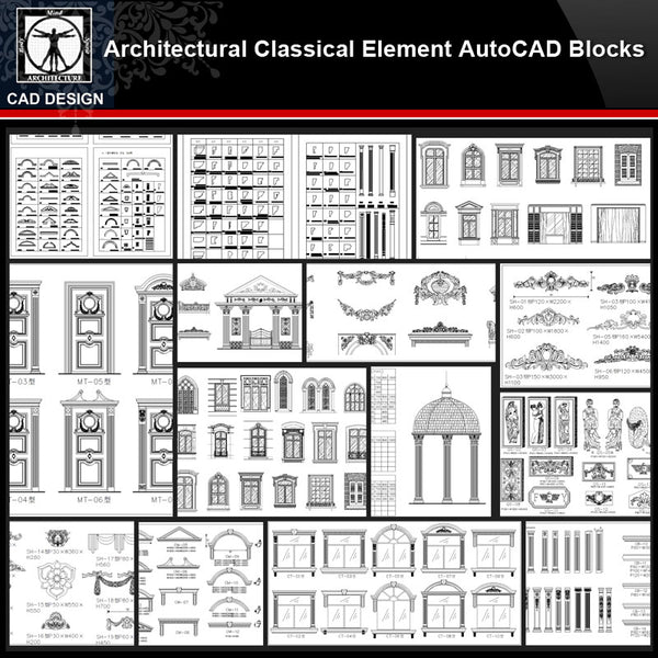 ★【Architectural Classical Element Autocad Blocks V.1】All kinds of architecture decorations CAD blocks Bundle