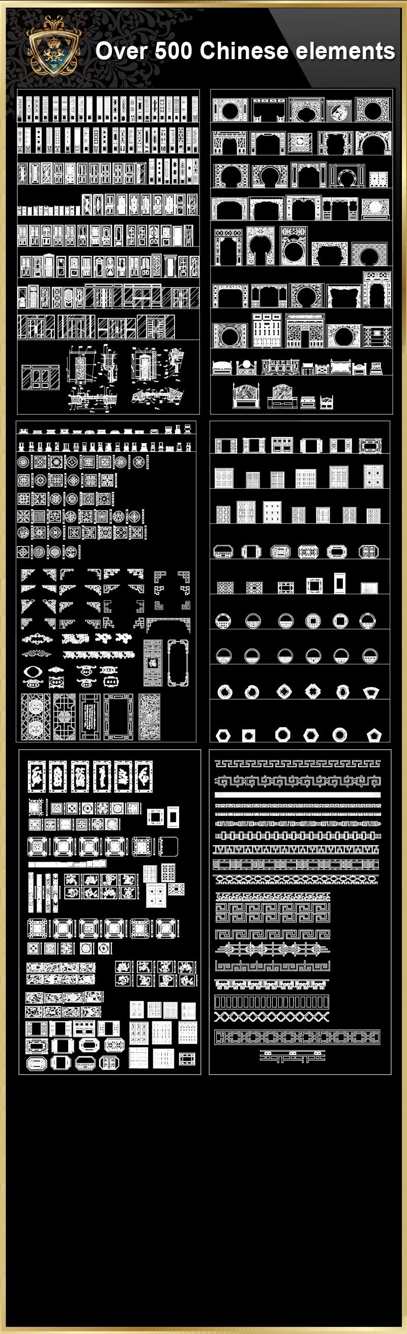 Over 500+ Chinese Decorative elements-Frame,Pattern,Border,Door,Windows,Roof,Lattice,Carved Wood