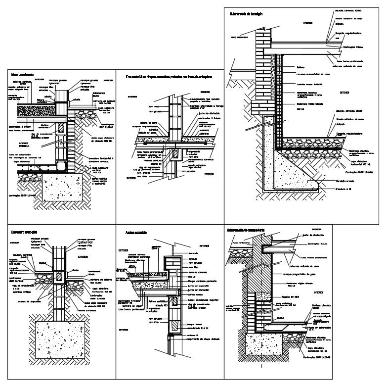 Details of constructive sections concrete blocks design drawing