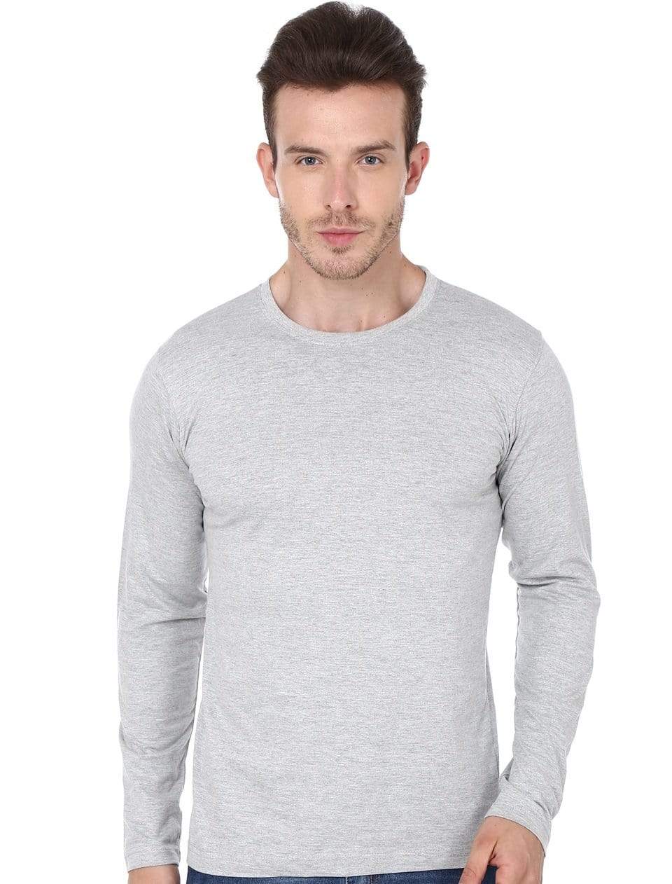 Mens Grey Full Sleeve T Shirt Plain Round Neck Wolfattire