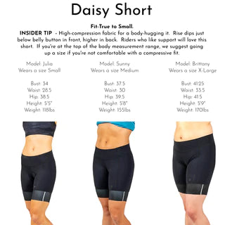 Size comparison chart of the Pre-Dyed Daisy waist shorts from SheBeest.