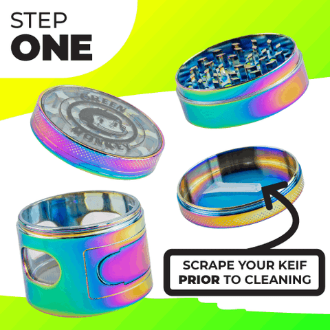 Step 1: Separate your grinder & save your kief! A 4-piece rainbow Green Monkey Grinder is shown with an arrow pointing to the bottom chamber.