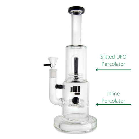 A black Famous Brandz Snoop Dogg Pounds bong is shown with an arrow pointing to the Inline Percolator and an arrow pointing to the Slitted UFO Percolator.