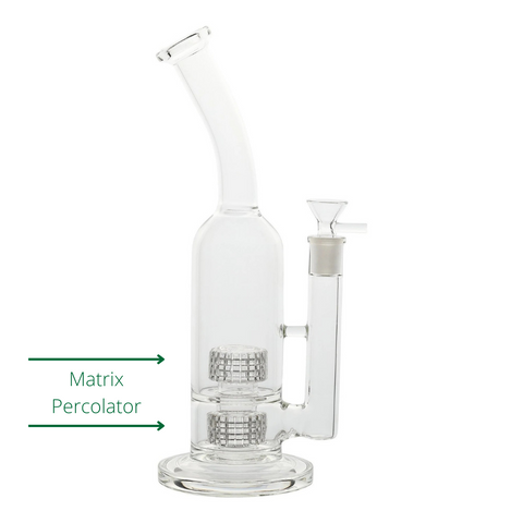 A clear glass bong is shown with two green arrows pointing to the two Matrix Percolators.