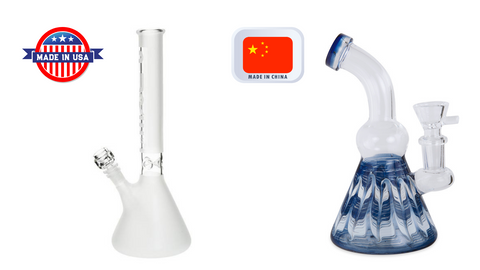 Two bongs are shown to show a difference between American-made glass and China glass. On the left is a frosted glass Pure Glass beaker bong with a Made in USA icon, and on the right is a Pioneer Glass blue rake water pipe with a Made in China icon.