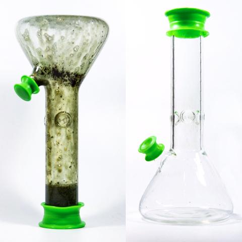 Upside dirty glass bong next to right side up clean glass bong