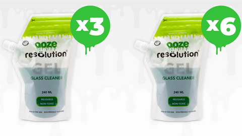 Two side by side pouches of Ooze Resolution cleaning gel are shown, the left has a bubble with "x3" in white, and the right has a green bubble with "x6" in white to show the two prepaid subscription options.