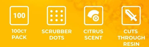 4 white product feature icons are in a row, describing Ooze Resolution Res Wipes. The icons are 100ct Pack, Scrubber Dots, Citrus Scent, and Cuts Through Resin.