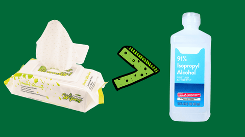 A graphic with an image of a pack of Res Wipes with a green greater than sign indicating that the wipes are better than the bottle of rubbing alcohol.