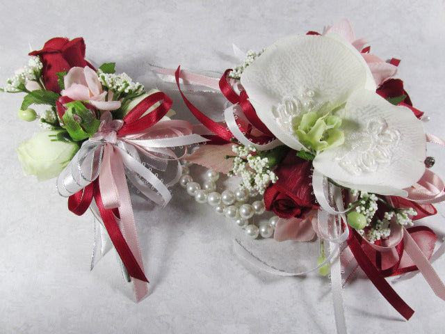 red and white corsage