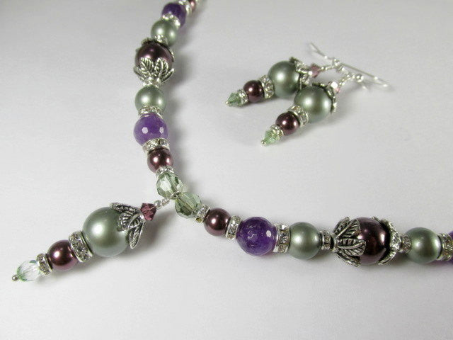 Powder Green and Plum Purple Amethyst Necklace and Earring Set - Odyssey Creations