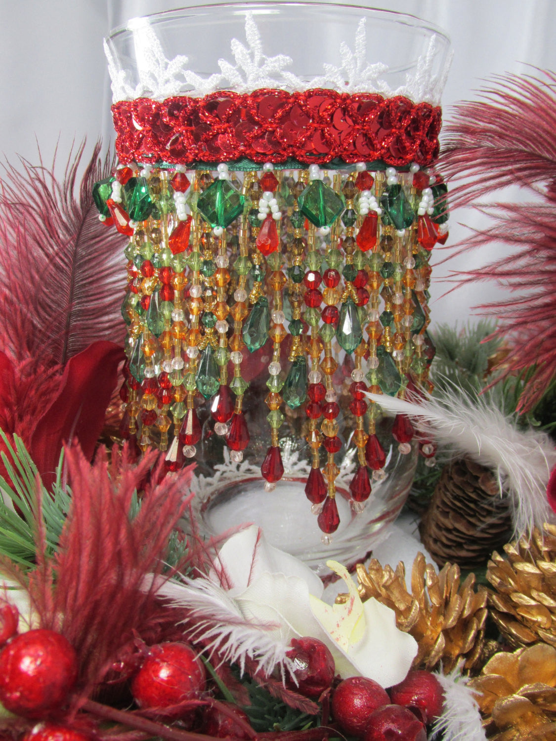 Christmas Holiday Centerpiece Set with Beaded Hurricane ...