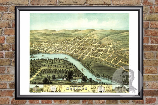 Vintage Map of Mankato, MN from 1870